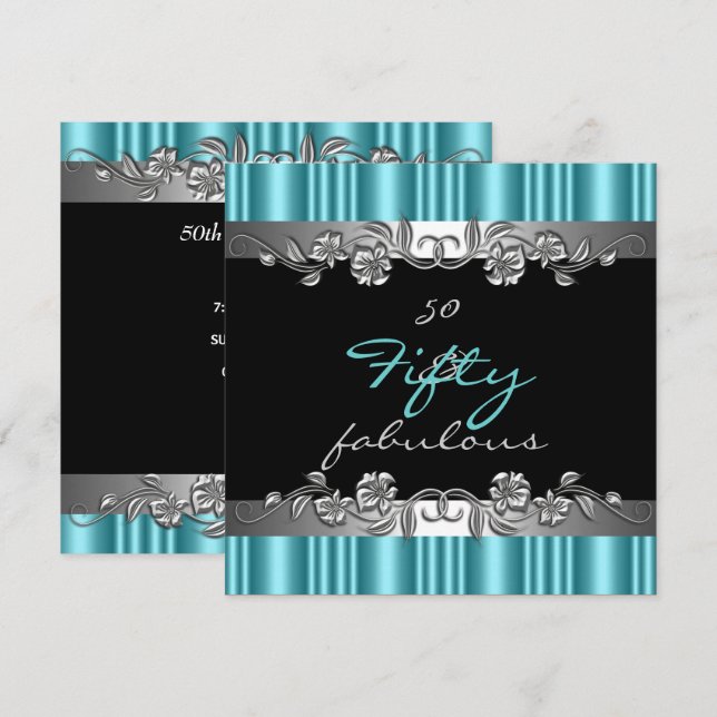 50 & Fabulous 50th Birthday Party Silver Teal Invitation (Front/Back)