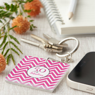50 & Fabulous 50th Birthday Pink Chevron Pattern Key Ring
