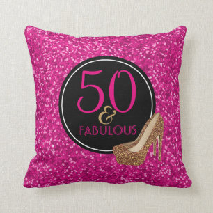 50 & Fabulous   50th Birthday Pink Glitter Shoes Cushion