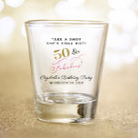50 Fabulous 50th Birthday Pink Gold Party Favour Shot Glass<br><div class="desc">Fun and chic 50th birthday party shot glass. "50 & Fabulous" is written in a a stylish gold,  pink and black script and you can personalise the "Take a Shot She's Still Hot" text,  her name and the party date.</div>