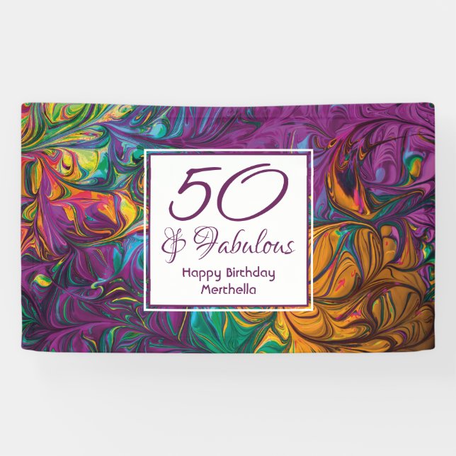 50 & Fabulous Abstract PURPLE Custom Birthday Banner (Horizontal)