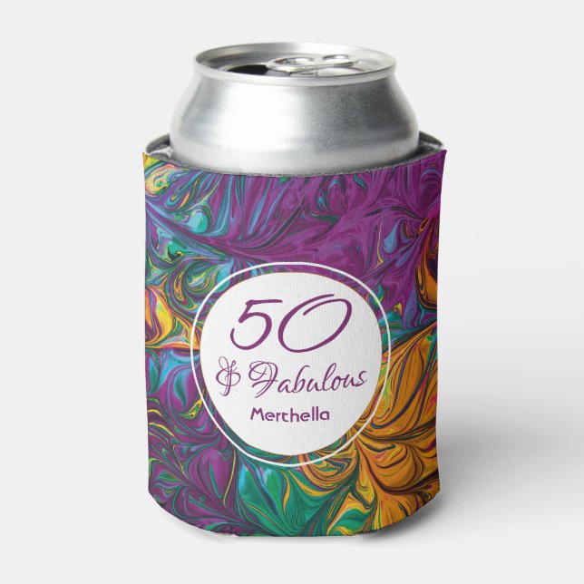 50 & Fabulous Abstract PURPLE Custom Birthday Can Cooler (Can Front)