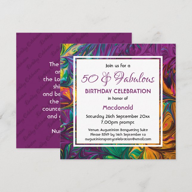 50 & Fabulous Abstract PURPLE Custom Birthday Invitation (Front/Back)
