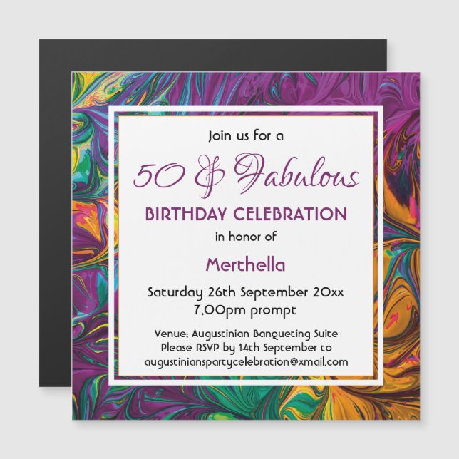 50 & Fabulous Abstract PURPLE Custom Birthday Magnetic Invitation (Front/Back)