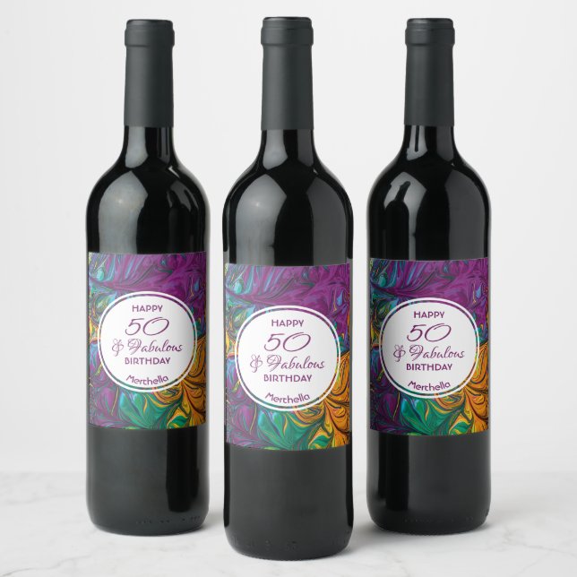 50 & Fabulous Abstract PURPLE Custom Party Paper Wine Label (Bottles)