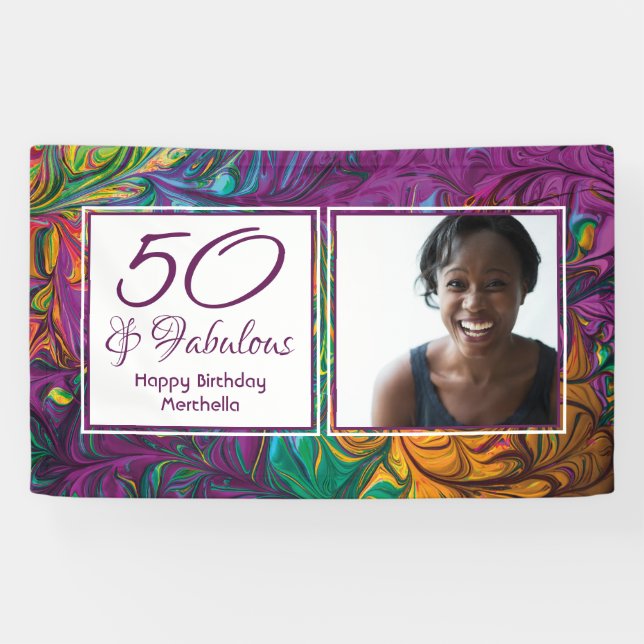50 & Fabulous Abstract PURPLE Photo Birthday Banner (Horizontal)