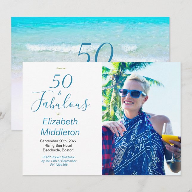 50 Fabulous Beach Blue Modern Photo Typography Invitation (Front/Back)