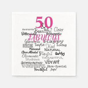 50 & Fabulous Birthday A to Z Typography Fun Pink Napkin