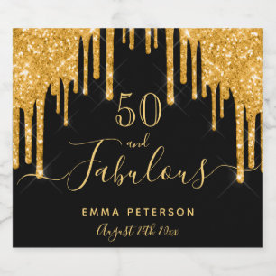 50 fabulous birthday black glitter gold sparkle sparkling wine label