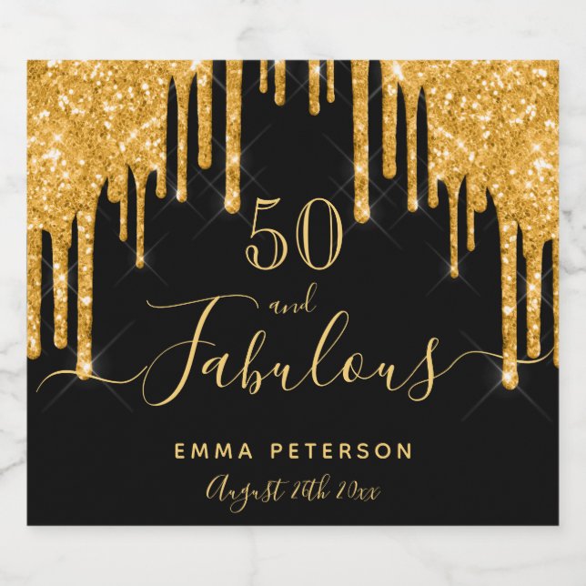 50 fabulous birthday black glitter gold sparkle sparkling wine label (Single Label)