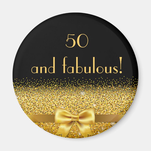 50 fabulous birthday black gold bow magnet (Front)