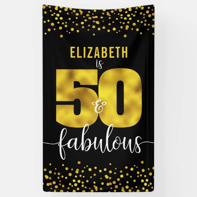 50 fabulous birthday black gold foil glitter dots banner (Vertical)