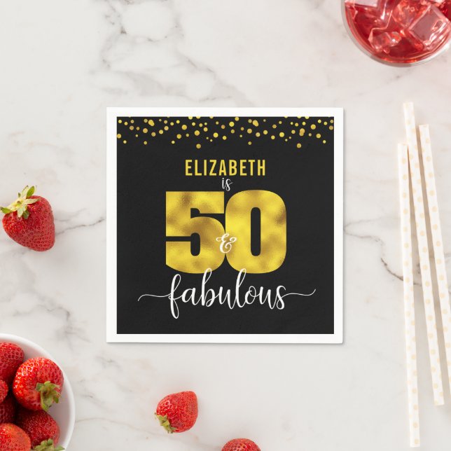 50 fabulous birthday black gold glitter confetti napkin (Insitu)