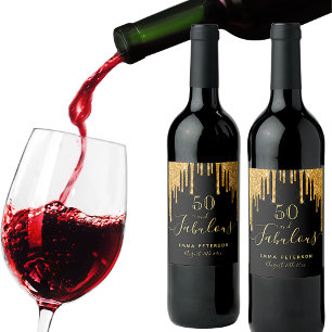 50 fabulous birthday black gold glitter sparkle wine label