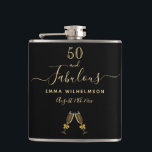 50 fabulous birthday black gold monogram friends hip flask<br><div class="desc">Simple and elegant 50th birthday gift for a woman from her friends or family. A classic chic black background with two champagne glasses, flutes as decor. With the text: 50 and fabulous. Personalise and add a name and a date. Golden coloured letters. The word Fabulous is written with a trendy...</div>