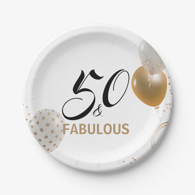 50 & Fabulous  Birthday Black Gold Party Balloons Paper Plate (Front)