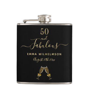 50 fabulous birthday black gold photo name hip flask