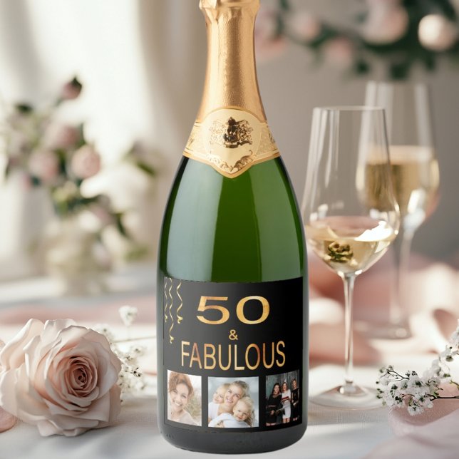 50 fabulous birthday black gold photo sparkling wine label (Creator Uploaded)
