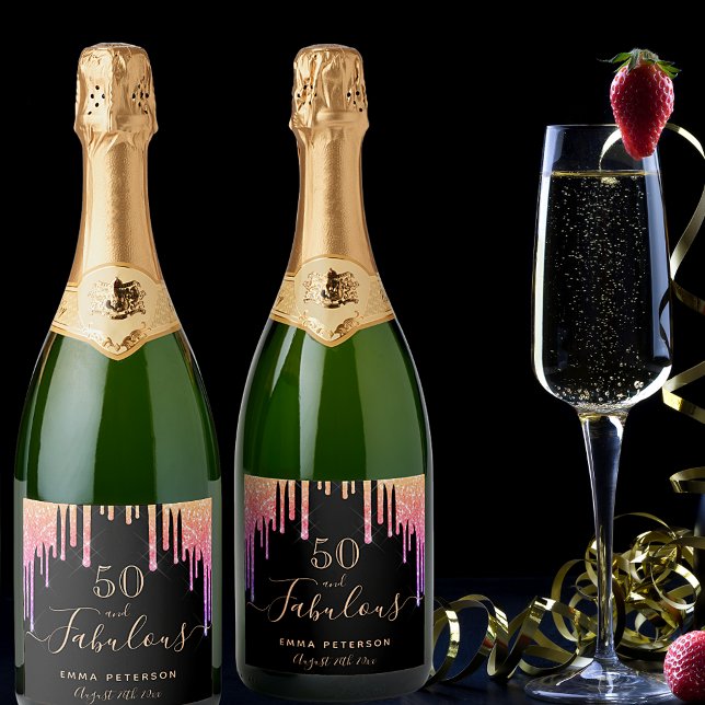50 fabulous birthday black pink gold drips sparkling wine label (Creator Uploaded)