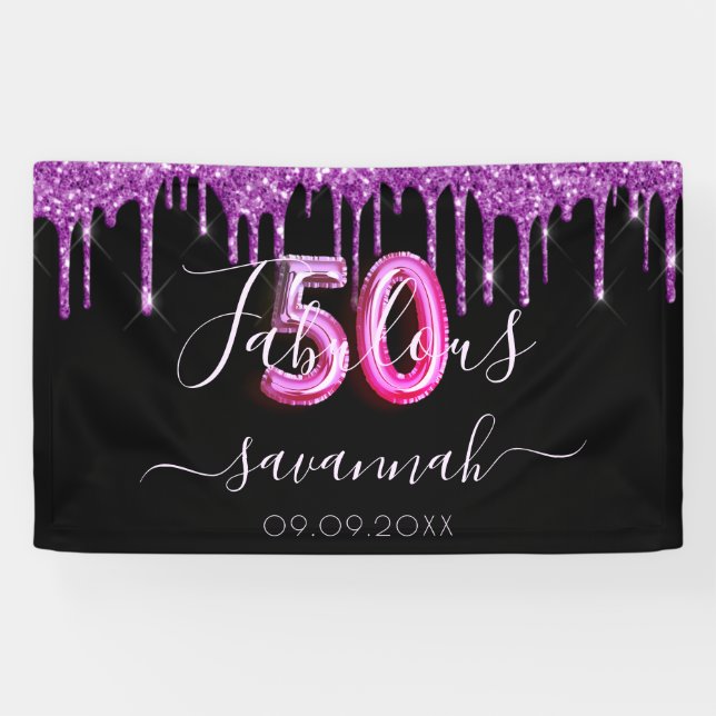 50 & Fabulous birthday black purple glitter Banner (Horizontal)