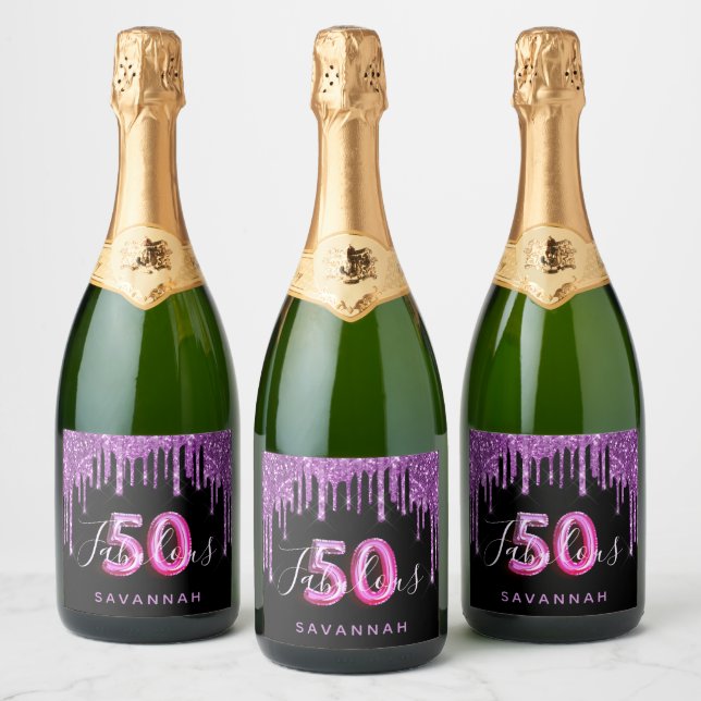 50 Fabulous birthday black purple glitter drips Sparkling Wine Label (Bottles)