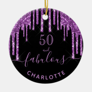 50 Fabulous birthday black purple glitter monogram Ceramic Tree Decoration