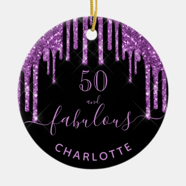 50 Fabulous birthday black purple glitter monogram Ceramic Tree Decoration (Front)
