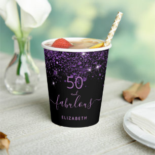 50 fabulous birthday black purple glitter  paper cups