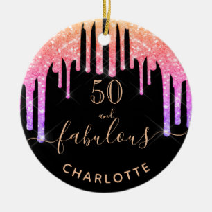 50 Fabulous birthday black rainbow glitter sparkle Ceramic Tree Decoration