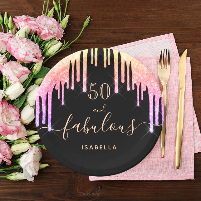 50 fabulous birthday black rainbow glitter sparkle paper plate (Creator Uploaded)
