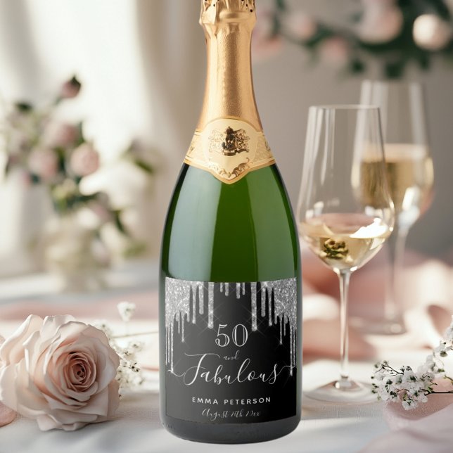 50 fabulous birthday black silver glitter drips sparkling wine label (Creator Uploaded)