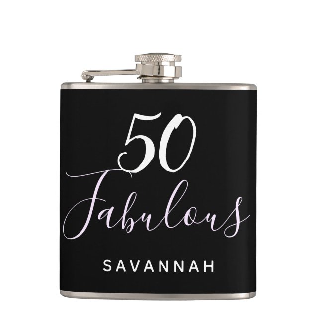 50 Fabulous birthday black white typography script Hip Flask (Front)
