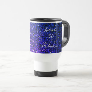 50 Fabulous Birthday Blue Glitter Gift Favour  Travel Mug