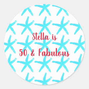 50 & Fabulous Birthday Blue Starfish Patterns Cool Classic Round Sticker