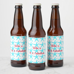 50 & Fabulous Birthday Blue Starfish Patterns Cute Beer Bottle Label