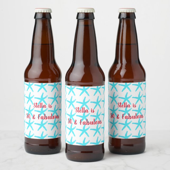50 & Fabulous Birthday Blue Starfish Patterns Cute Beer Bottle Label (Bottles)