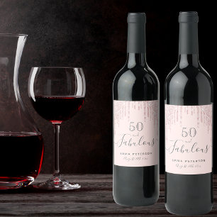 50 fabulous birthday blush pink drips wine label