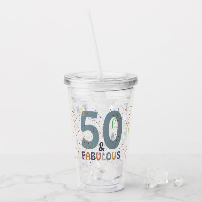 50 & Fabulous Birthday Confetti Blue Typography Acrylic Tumbler (Front Ice)