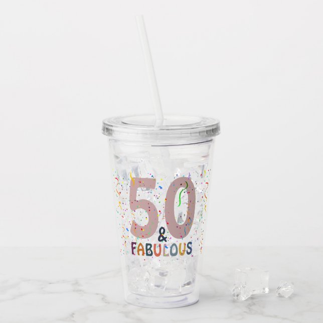50 & Fabulous Birthday Confetti Pink Typography Acrylic Tumbler (Front Ice)