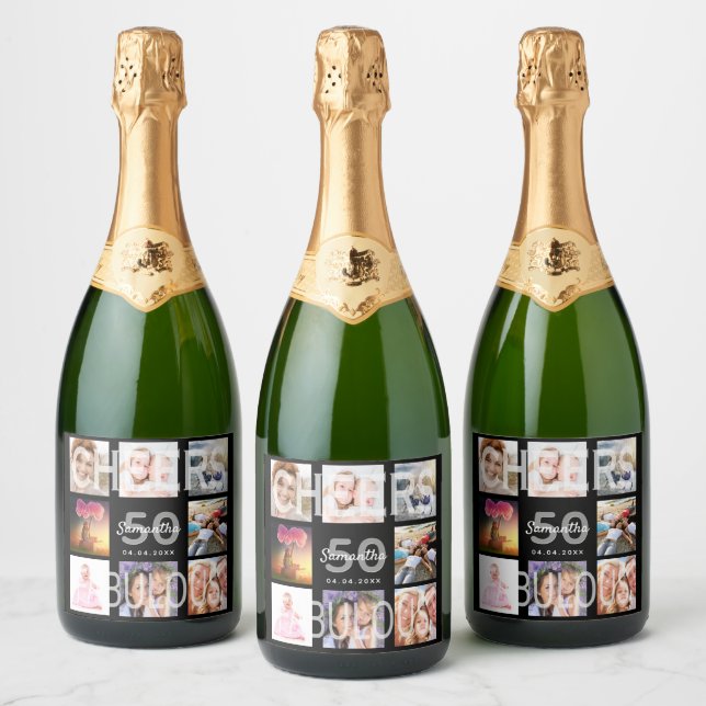 50 fabulous birthday custom photo collage black sparkling wine label (Bottles)