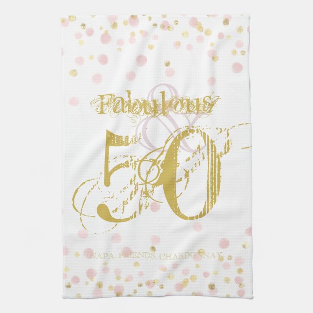 50 & Fabulous Birthday Elegant Pink & Gold Dots Tea Towel (Vertical)