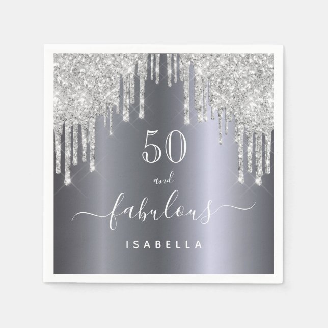 50 fabulous birthday glitter silver sparkle napkin (Front)
