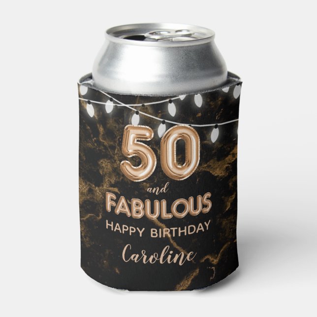 50 & Fabulous Birthday Gold Black Balloon Lights Can Cooler (Can Front)