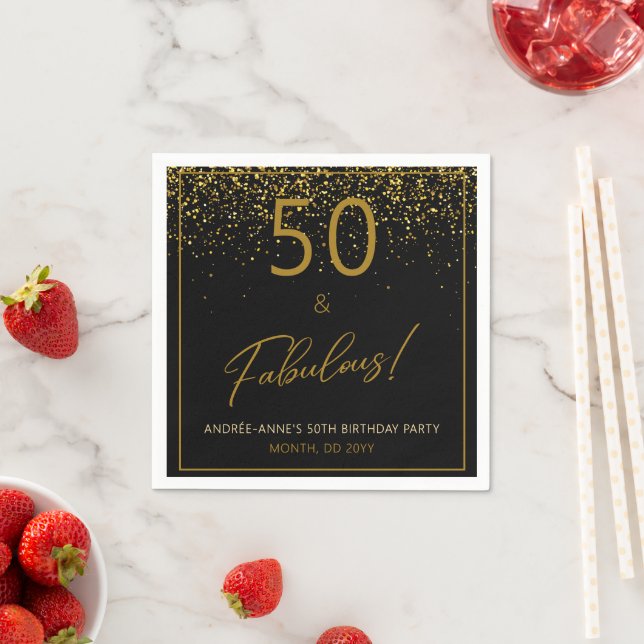 50 Fabulous Birthday Gold Black Glitter Napkin (Insitu)