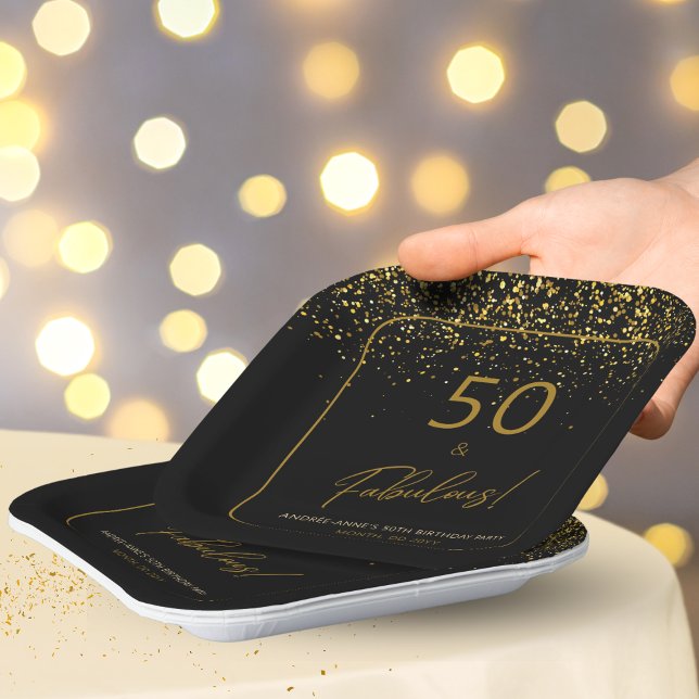50 Fabulous Birthday Gold Black Glitter  Paper Plate (Creator Uploaded)