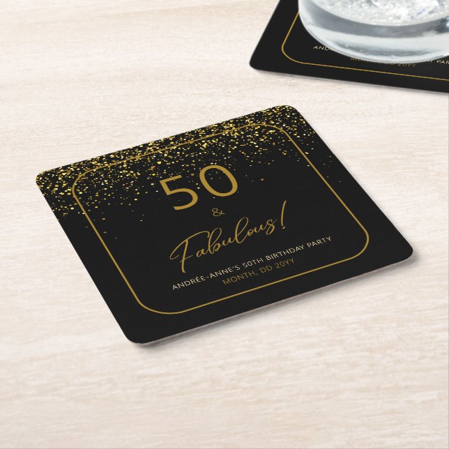 50 Fabulous Birthday Gold Black Glitter Square Paper Coaster (Angled)