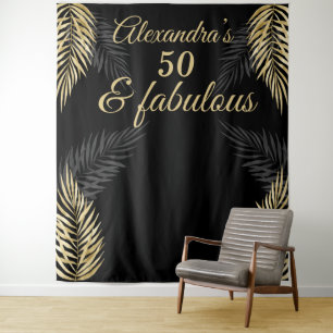 50 fabulous birthday gold black palms tapestry