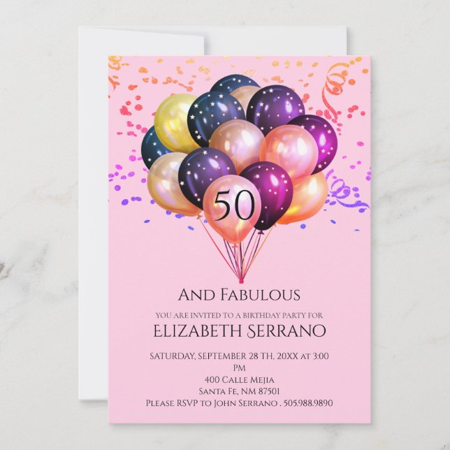 50 Fabulous Birthday Metallic Balloons Pink Invitation (Front)