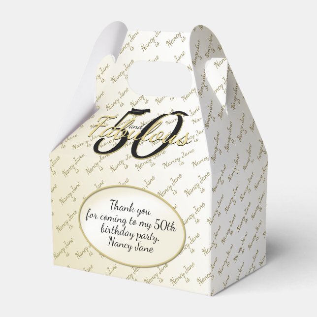 50 & Fabulous Birthday Party Black/Gold Message Favour Box (Front Side)