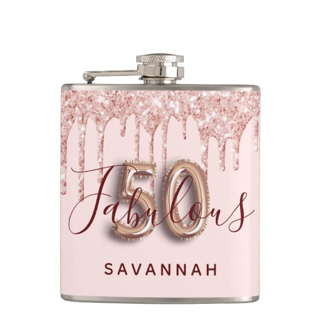 50 fabulous birthday party rose gold glitter pink hip flask (Front)